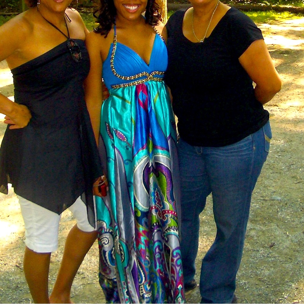 ARDEN B. Satin Paisley Maxi Dress - Halter Top - Blue w/ Gold Chain Link Detail